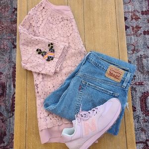 Octavia Women’s Pink Lace Overlay 3/4 Sleeve Shirt Blouse large